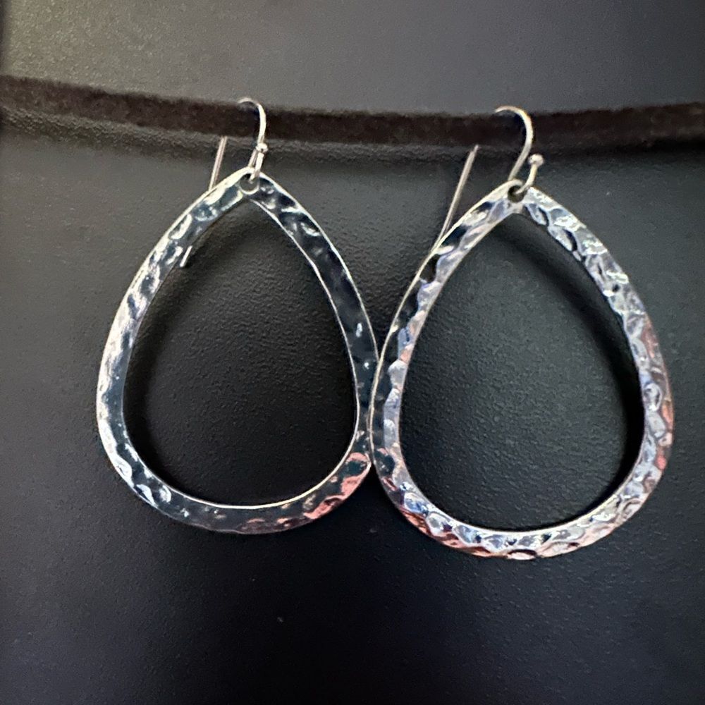 Silver Hammered Teardrop Hoop Earrings